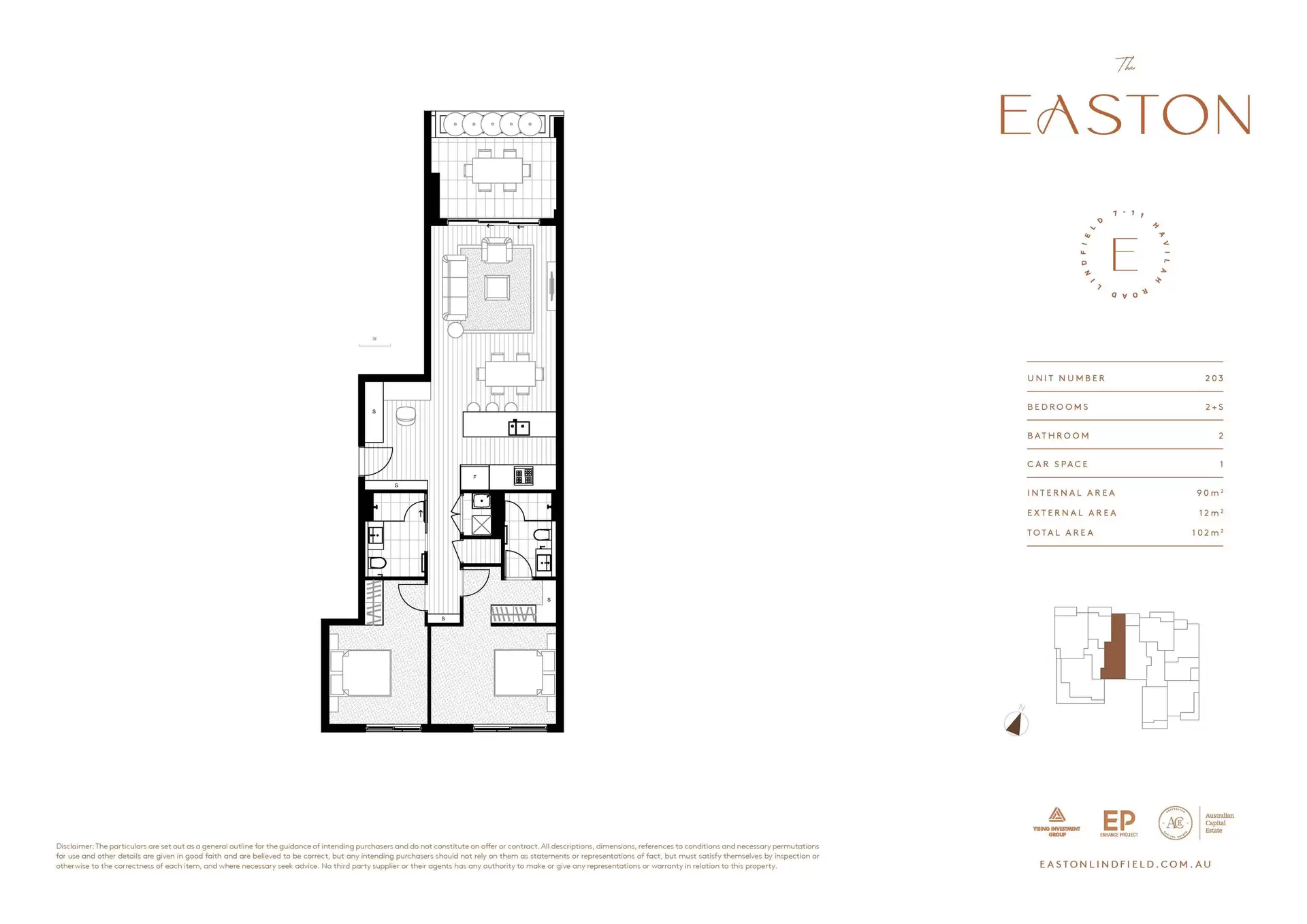 203/7–11 Havilah Road|2房+书房、2卫1车位 203室原始项目户型图:室内90㎡、室外12㎡、合计102㎡;仅为已公开户型示例,当前可售情况待确认。